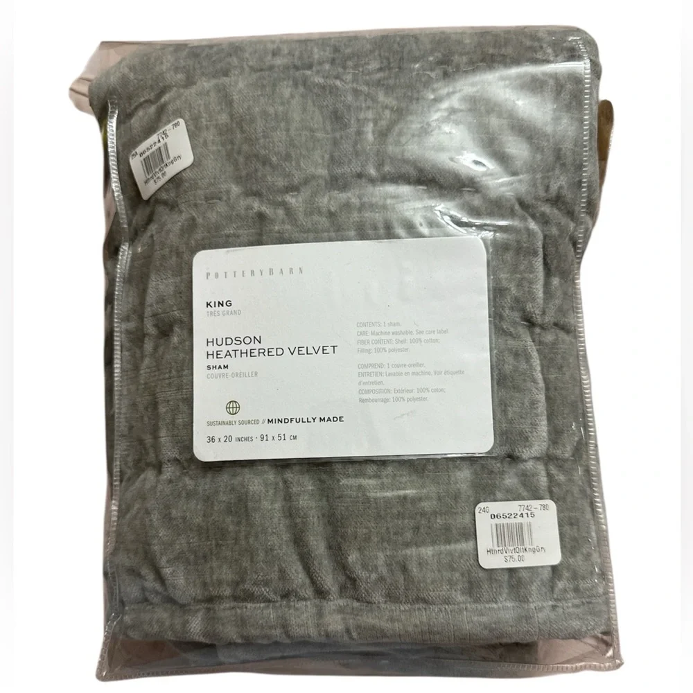 Pottery Barn Hudson Gray Velvet Quilted King Pillow Sham